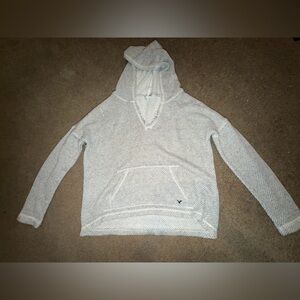 American Eagle Outfitters Light Heather Gray Hooded Waffle-Knit Pullover